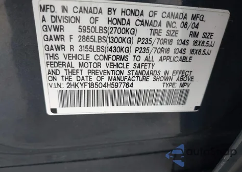 2004 Honda Pilot Ex-L from USA, damaged, VIN 2HKYF18504H597764